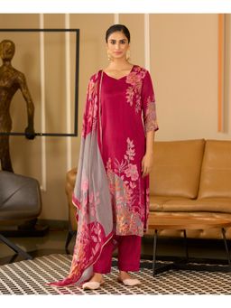 MOJILAA - Magenta Chinon Chiffon Floral Straight Kurta with Pant and Dupatta