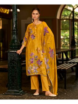MOJILAA - Mustard Organza Floral Kurta with Pant and Dupatta