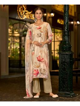 MOJILAA - Cream Organza Floral Kurta with Pant and Dupatta
