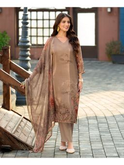 MOJILAA - Brown Organza Printed Kurta with Pant and Dupatta