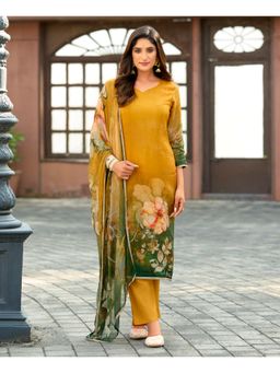 MOJILAA - Mustard Organza Floral Kurta with Pant and Dupatta