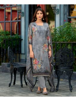 MOJILAA - Grey Organza Floral Kurta with Pant and Dupatta