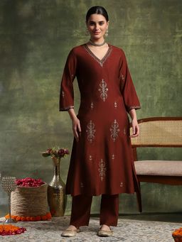 Nayam by lakshita - Rust Viscose Rayon Embroidered Kurta with Pant and Dupatta