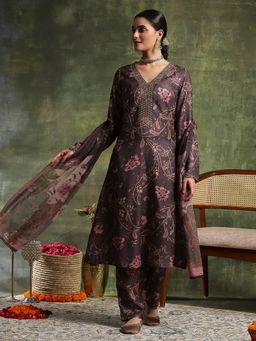 Nayam by lakshita - Purple Wool Floral Kurta with Pant and Dupatta