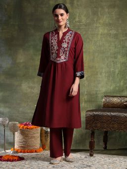 Nayam by lakshita - Maroon Cotton Embroidered Kurta with Pant