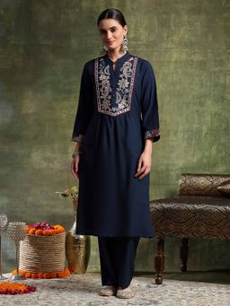 Nayam by lakshita - Navy Blue Cotton Embroidered Kurta with Pant