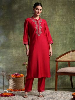 Nayam by lakshita - Red Silk Blend Embroidered Kurta with Pant and Dupatta