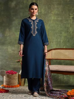 Nayam by lakshita - Teal Silk Blend Embroidered Kurta with Pant and Dupatta