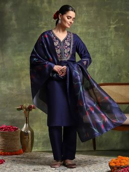 Nayam by lakshita - Navy Blue Silk Blend Embroidered Kurta with Pant and Dupatta