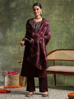 Nayam by lakshita - Maroon Wool Embroidered Kurta with Pant and Dupatta