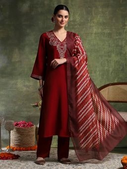 Nayam by lakshita - Red Viscose Rayon Embroidered Kurta with Pant and Dupatta