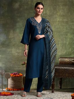 Nayam by lakshita - Teal Viscose Rayon Embroidered Kurta with Pant and Dupatta
