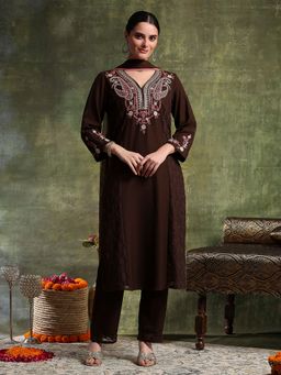 Nayam by lakshita - Brown Viscose Rayon Embroidered Kurta with Pant and Dupatta