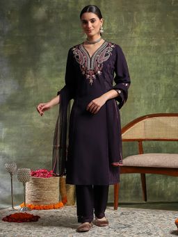 Nayam by lakshita - Purple Viscose Rayon Embroidered Kurta with Pant and Dupatta