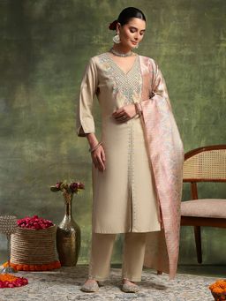 Nayam by lakshita - Ivory Linen Embroidered Kurta with Pant and Dupatta