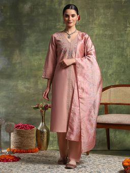 Nayam by lakshita - Peach Linen Embroidered Kurta with Pant and Dupatta