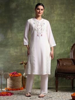 Nayam by lakshita - Off White Viscose Rayon Embroidered Kurta with Pant