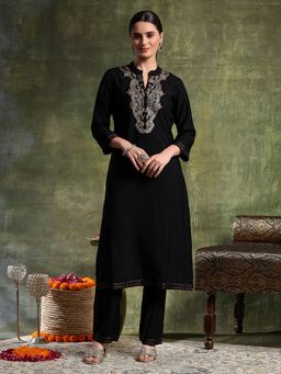 Nayam by lakshita - Black Viscose Rayon Embroidered Kurta with Pant
