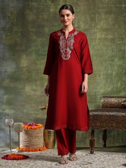 Nayam by lakshita - Red Viscose Rayon Embroidered Kurta with Pant