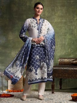Nayam by lakshita - Blue Linen Floral Kurta with Pant and Dupatta