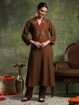 Nayam by lakshita - Brown Linen Embroidered Kurta with Pant