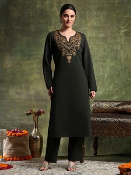 Nayam by lakshita - Olive Wool Embroidered Kurta with Pant