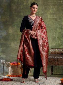 Nayam by lakshita - Purple Velvet Embroidered Kurta with Pant and Dupatta