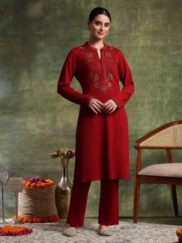 Nayam by lakshita - Red Wool Embroidered Kurta with Pant