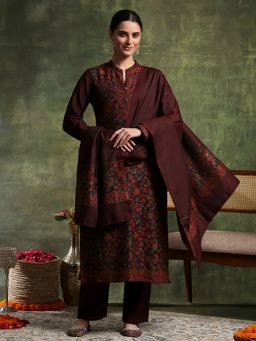 Nayam by lakshita - Maroon Wool Floral Kurta with Pant and Dupatta