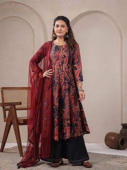 SPAN - Black Viscose Printed Anarkali Kurta with Pant and Dupatta
