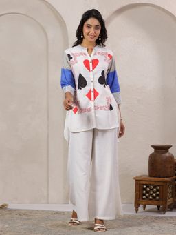 SPAN - Off White Viscose Printed Shirt with Pant Co-Ord Sets