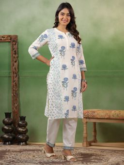 SPAN - White Cotton Floral Kurta with Pant