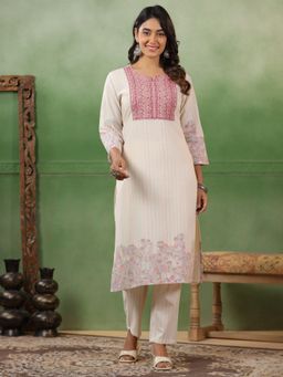 SPAN - White Cotton Embroidered Kurta with Pant