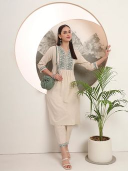 SPAN - White Cotton Embroidered Kurta with Pant
