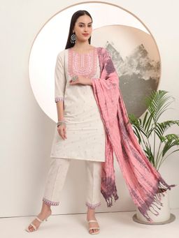 SPAN - White Embroidered Kurta with Pant and Dupatta