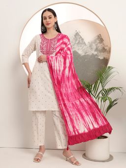 SPAN - White Silk Embroidered Kurta with Pant and Dupatta