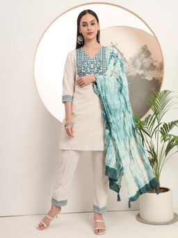 SPAN - Silk White Embroidered Kurta with Pant and Dupatta