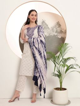 SPAN - White Silk Embroidered Kurta with Pant and Dupatta