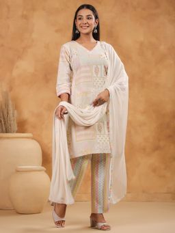 SPAN - White Cotton Floral Kurta with Pant and Dupatta