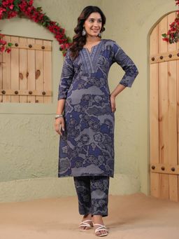 SPAN - Blue Cotton Printed Kurta with Pant Kurta with Pant