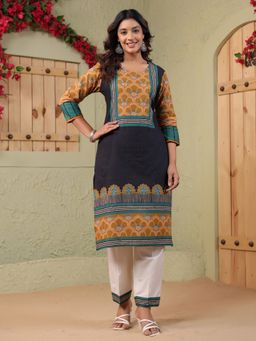 SPAN - Black Cotton Printed Kurta with Pant