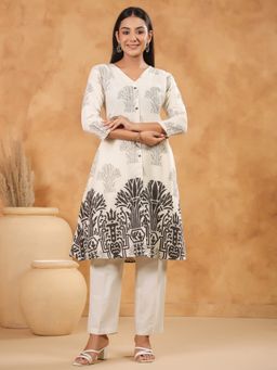 SPAN - White Cotton Printed Kurta with Pant
