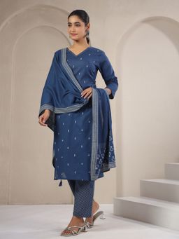 SPAN - Blue Cotton Floral Kurta with Pant and Dupatta