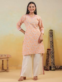 SPAN - Orange Cotton Printed Kurta with Pant