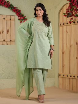 SPAN - Green Cotton Embroidered Kurta with Pant and Dupatta