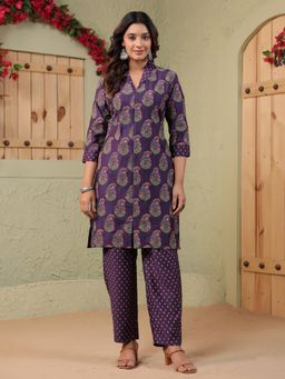 SPAN - Purple Viscose Rayon Floral Kurta with Pant