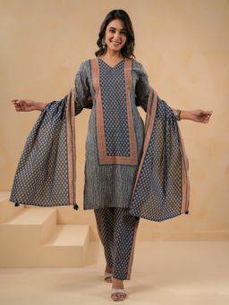 SPAN - Blue Cotton Printed Kurta with Pant and Dupatta