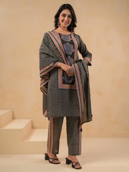 SPAN - Black Cotton Floral Kurta with Pant and Dupatta