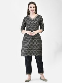 SPAN - Black Silk Floral Kurta with Pant