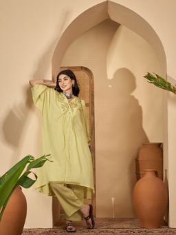 Rangdeep - Green Pure Cotton Embroidered Kurta with Pant and Slip